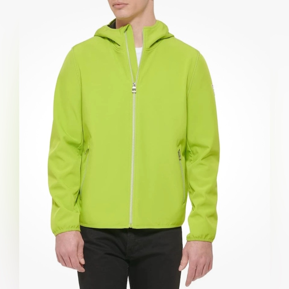 GUESS HOODED ZIP-UP SOFTSHELL JACKET MEN BRIGHT GREEN COLOR POCKET SIZE MEDIUM *